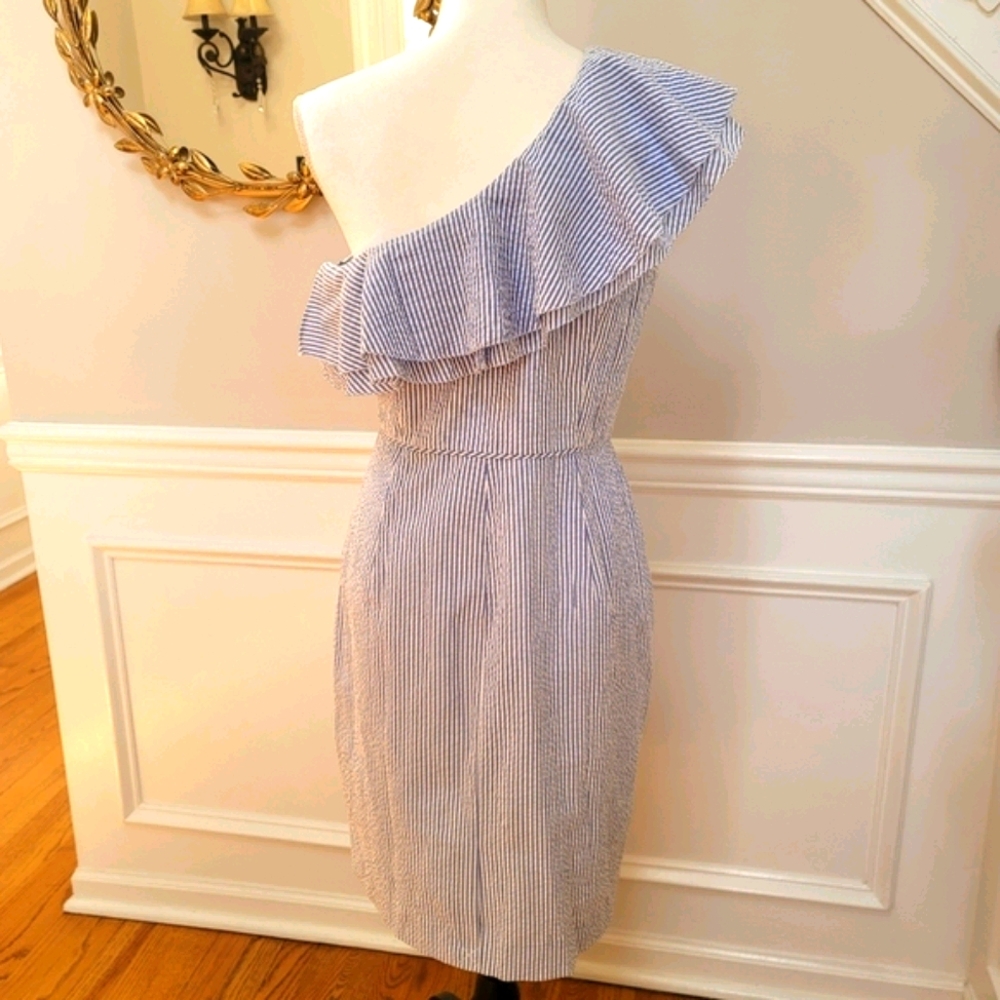 🆕️ J. Crew One Shoulder Ruffle Dress Seersucker 8 - Picture 4 of 9